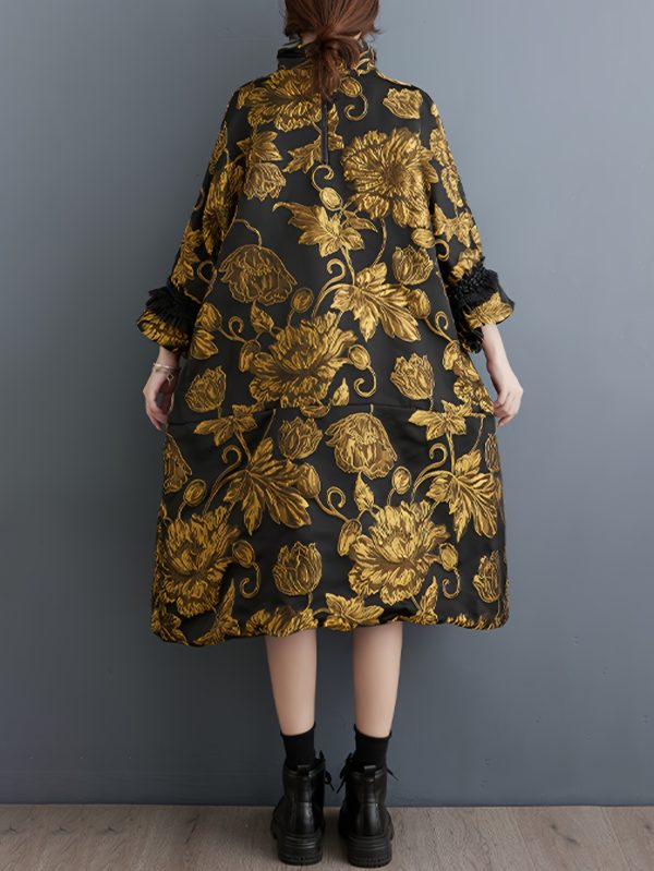 women's stylish black and golden sunflower print dress with pockets loose fit, long sleeve, high neck, casual style, polyester fabric, allseason wear, casual dressing | floral print dress | polyester dress